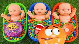 Full of 3 Rainbow BathTubs Candy with M&M's & Magic Slime Cutting Video