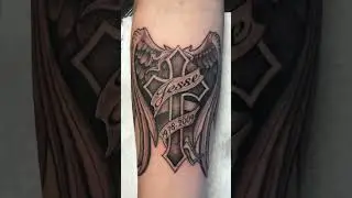 Cross with Angel Wings Memorial Tattoo | Banner Name Tribute by Mi Vida Tattoos