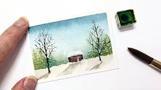Easy watercolor winter landscape painting tutorial » How to paint pine trees for beginners