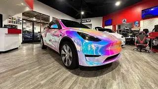 Tesla Model Y With Purple Blue Aqua Marine From TECKWRAP