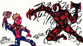 Spider-Man holding a cinder block against Carnage