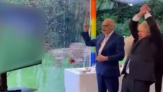 Prime Minister Boris Johnson celebrates Harry Kane's goal against Germany
