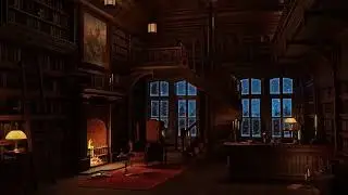 Winter Bookstore Ambience with Muffled Jazz Music Playing Slowly and Crackling Fireplace