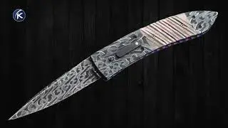Jim Minnick Custom Knife Robert Eggerling Mosaic Damascus, Fluted Black Lip Pearl with Braided Gold