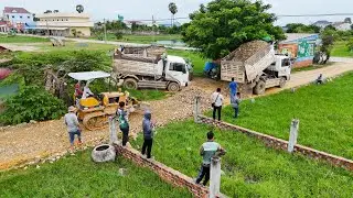 Amazing Making Foundation Village Road Construction By Bulldozer Push Stone and Truck Unloaded Stone