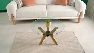 FURNIREM - Round Glass Coffee Table with Solid Wood Butterfly Legs