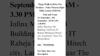 Mega Walk-in Drive For Freshers - Voice Process (Spot Offer Letter) INFINX