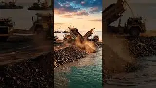 A lot of massive Dump Truck dumped the soil into water for make the road.