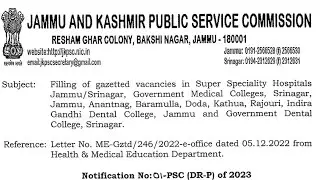 JKPSC Super Specialty Hospital Recruitment 2022 Gazetted Vacancies Important Notice