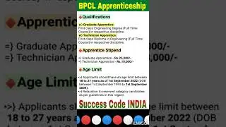 BPCL Apprenticeship 2022 | BPCL Recruitment 2022 #successcodeindia #shorts #trending #viral