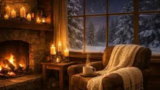 Cozy Winter Cabin Ambience ❄️🔥 | Fireplace, Falling Snow & Warm Piano Music