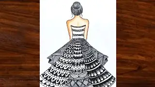 How to Draw a Woman With Beautiful Dress| Mandala Art | Zentangle Art | Doodle Art | Girl from Back