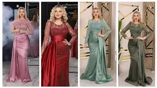 Long sleeve Asymmetrical _neck chiffon sequined lace & chiffon pleated evening dresses 
