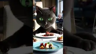 A black cat is smiling and eating a plate of meat