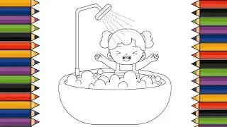 Bath tub drawing colouring for kids easy || cute princess bathing drawing step by step 🛀🤽