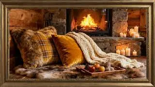 Rustic Fireplace with Candlelight. Gold framed Vintage art screensaver. 4k TV Painting background.