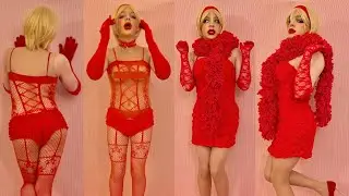 Sissy MtF Crossdresser Dolled up in red dress, heels, lace gloves, boa and nude pantyhose
