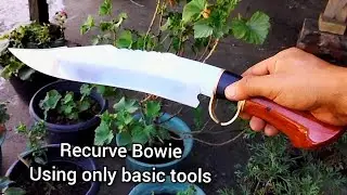 knife making - Recurve Bowie knife from leaf spring with basic hand tools.(Horn and Wood Handle)