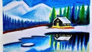 Winter season scenery drawing || Easy Winter Snowfall Scenery Drawing for Beginners with Oil Pastels