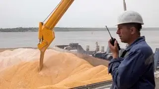 Azov Sea Port. Loading of the vessel with grain. Export from Russia.