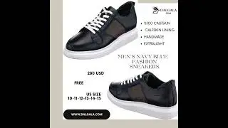 Navy Blue Calf Leather Calfskin Lining Men's Handmade King Size Fashion Sneakers