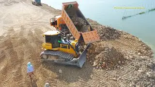 Trucks & Dozer At Work - Dump truck unloading rock not out & Bulldozer pushing ឡានប៊ែនចាក់ថ្មមិនចេញ