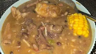 15 peas soup in coconut milk salted beef chicken foot Yam dumplings n sweet corn 