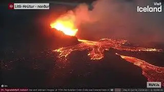 July 14, 2023: Iceland volcano cone star shaped lava outbreak (2x speed)