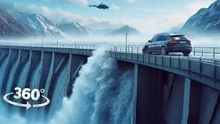 360&deg; Dam Collapse Flood - Escape Small Tsunami in Car with Girlfriend VR 360 Video
