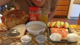 ASMR MUKBANG CAKE, NUT BUTTER, FISH SANDWICHES, PHILADELPHIA CREAM CHEESE, ORANGE JUICE