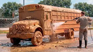 First Wash of Abandoned School Bus | Removing 60 Years of Dirt From Forgotten School Bus