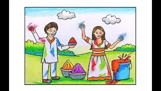 HOLI SCENERY DRAWING STEP BY STEP/HOW TO DRAW HOLI FESTIVAL EASY STEPS/HOLI SPECIAL SCENERY DRAWING