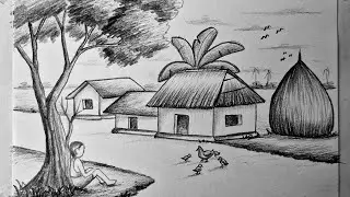 How to draw pencil sketch village scenery || Easy village landscape drawing