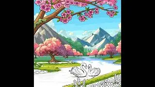Coloring 35.  #gamemewarnai #coloring #game #games #nature #river #sakura #mountains