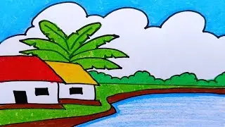 Easy landscape drawing for kids and beginners|Learn house and nature simple painting