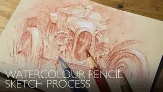 Процесс создания эскиза старинного автомобиля &mdash; акварельный карандаш Faber Castell и тонированная...