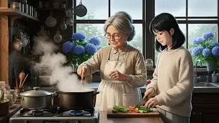 Rainy Day in Grandma's Kitchen | Cooking Soup & Knitting with Cat Purrs | Ghibli Style