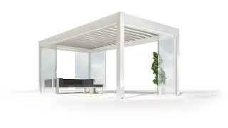 Gibus Med Varia Bioclimatic Pergola with Shade Screen & Glass Wall