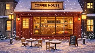Cozy Winter Coffee Shop Ambience ☕ Snowfall, Warm Lights & Fireplace