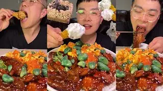 拌飯、炸雞腿、巧克力蛋糕|Bibimbap, fried chicken leg, chocolate cake#asmr #mukbang #food #美食 #eating