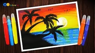 Coconut tree scenery drawing with Oil Pastels | Oil pastel drawing for kids | GO School TV