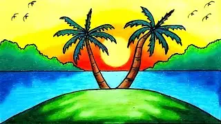 Gambar Pemandangan | Cara Menggambar Pemandangan Matahari Terbenam di Pantai Dengan Oil Pastel