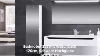Badm&ouml;bel Set mit Waschtisch 120 cm, Schwarz Hochglanz Griffleiste