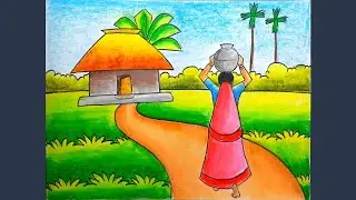 How To Draw Scenery Of Village Girl Collect Water | Working Girl Drawing Easy step by step