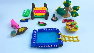 DIY How to make miniature polymer clay playground set with pool, tree, bed
