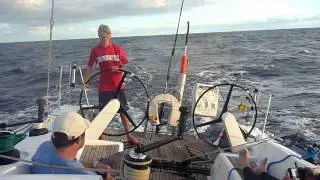 Auckland-Fiji 2011:  Edwin Delaat at the helm of Outrageous Fortune.