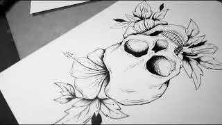 Skull with Flower Drawing - with pen & brush point marker.