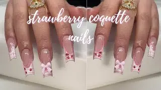 Beginner Nail Tutorial:Strawberry Coquette Nails🍓🎀 Acrylic Application, Nail Art