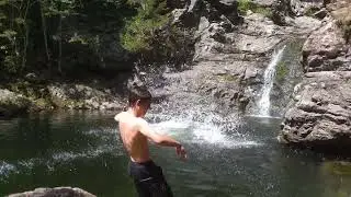 2019, Aug 6--Micah watching Ben sm cliff jump & Jayden attempting lg cliff (Mebel Falls)
