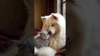 Samoyed Dog Gently Petting a Cat: So Cute #petmoments  #cutepaws  #puppylove  #kittenlove